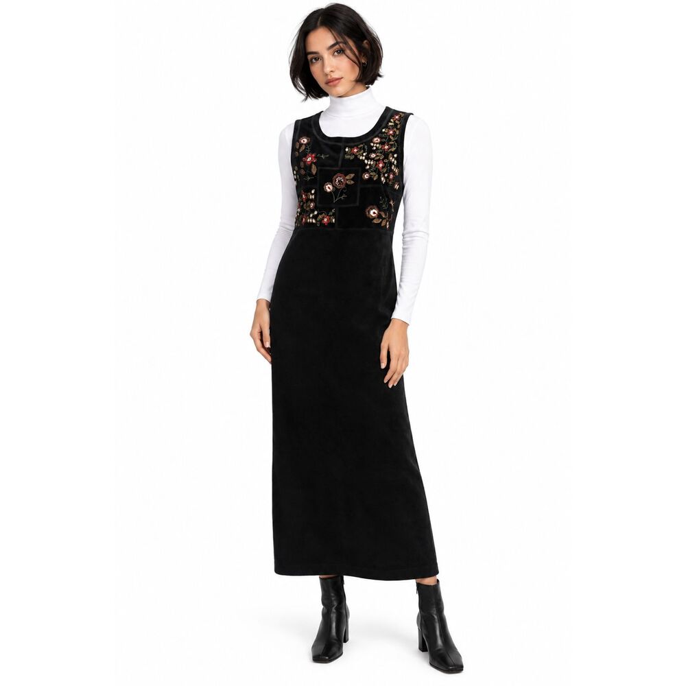 Vtg 90s White Stag Black Velvet Embroidered Floral Maxi Pinafore Dress Cottage S